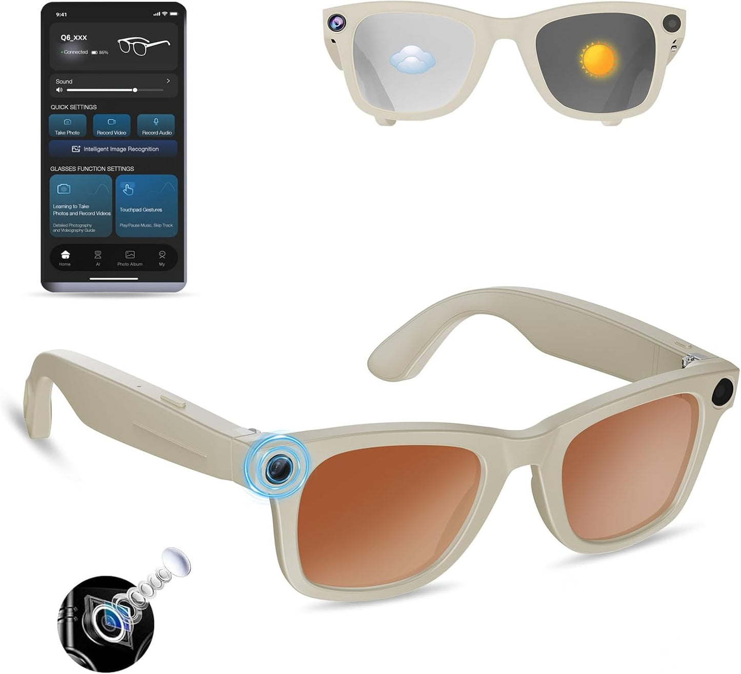 Smart AI Camera Glasses with 8MP Photochromic Lenses